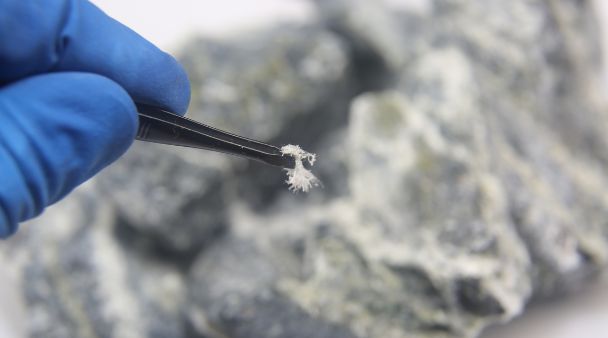 person holding a piece of asbestos with tweezers
